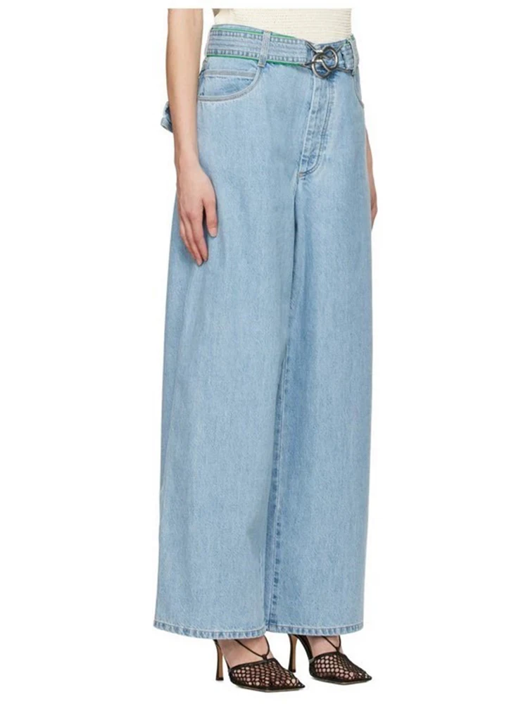 Y2K high-waisted straight jeans ring-buckle waistband Slim blue wide-leg Women's pants 2024 summer new