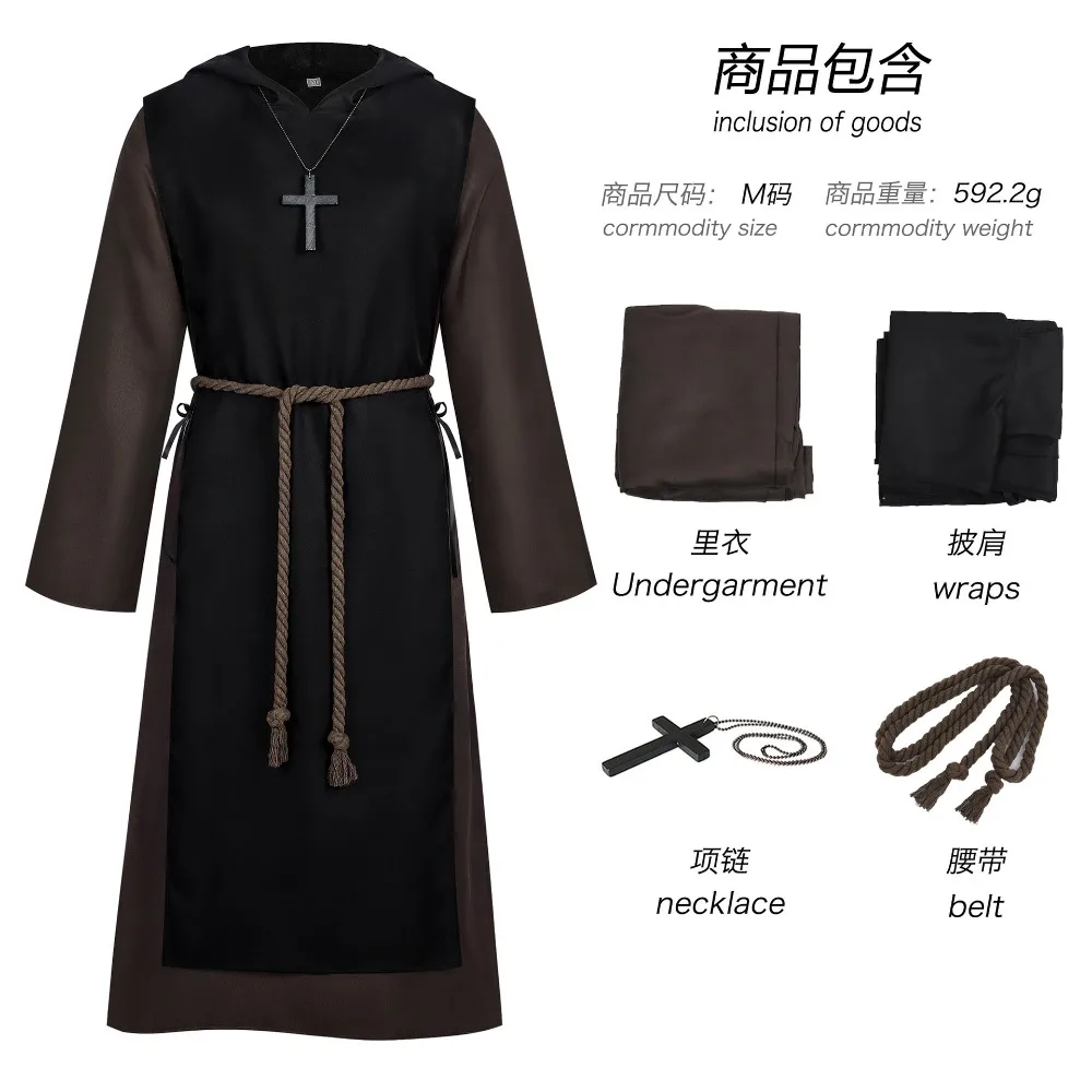 Gothic Dark Hooded Robe Medieval Vintage Hooded Cape Cloak Adult Unisex Halloween Carnival Party Cosplay Role Play Costume