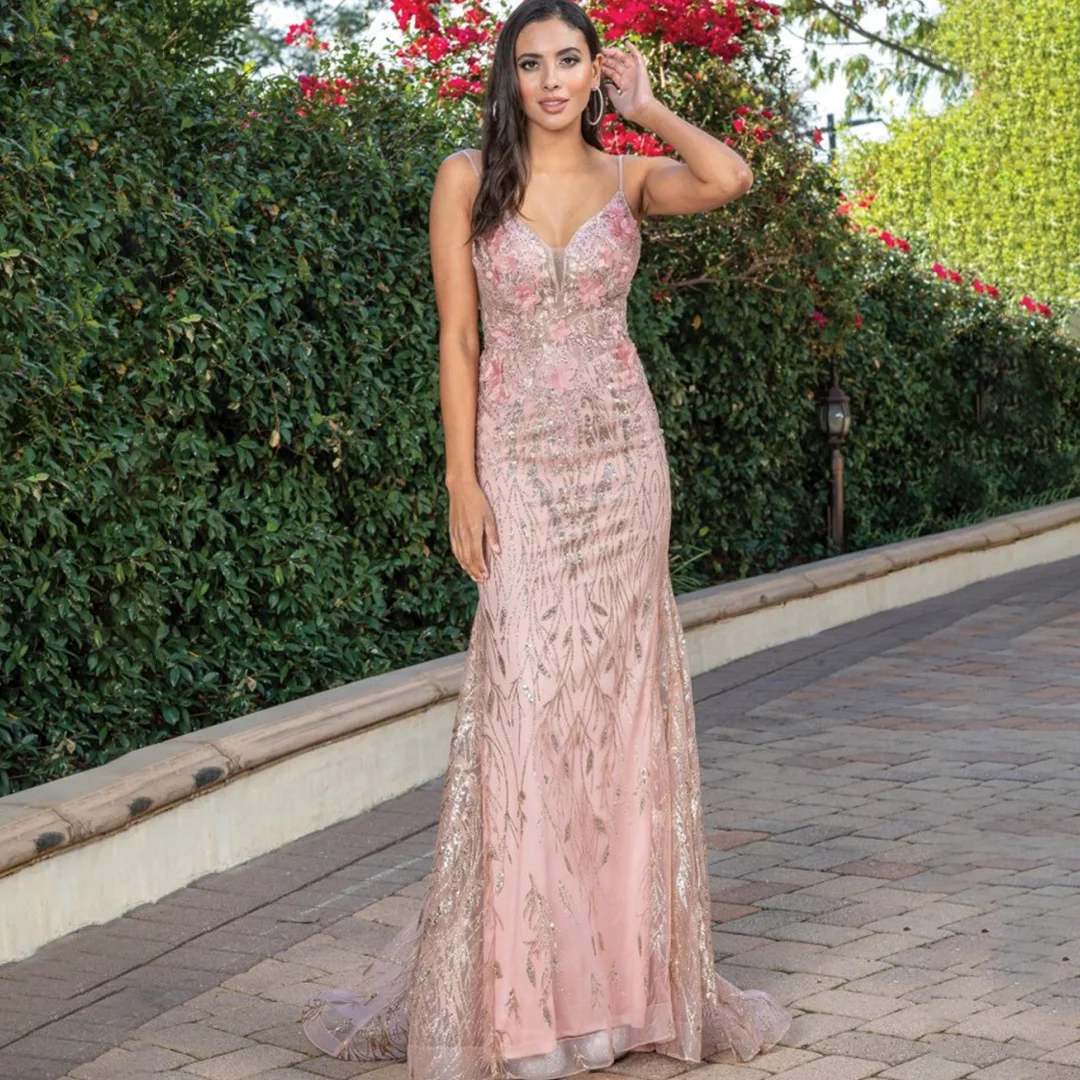 

Luxurious 3D Flowers Appliques Mermaid Prom Dresses V-neck Ruched Sequins Lace Backless Ball Gowns Sparkly Chic Evening Dress