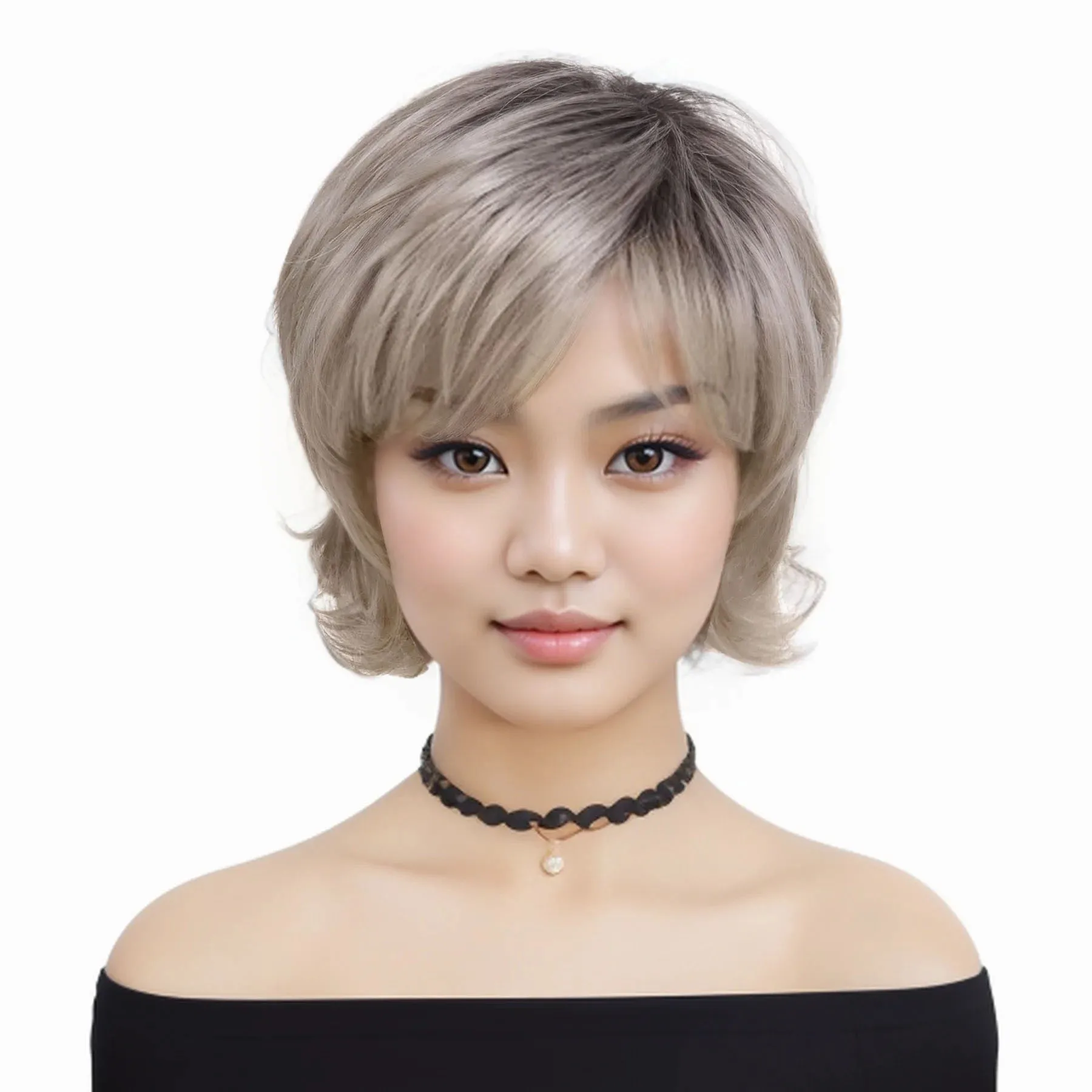 

Synthetic Short Wig with Bangs for Women Ash Blonde Old Lady Hair Replacement Wigs Pixie Cut Hairstyle Daily Use Heat Resistant