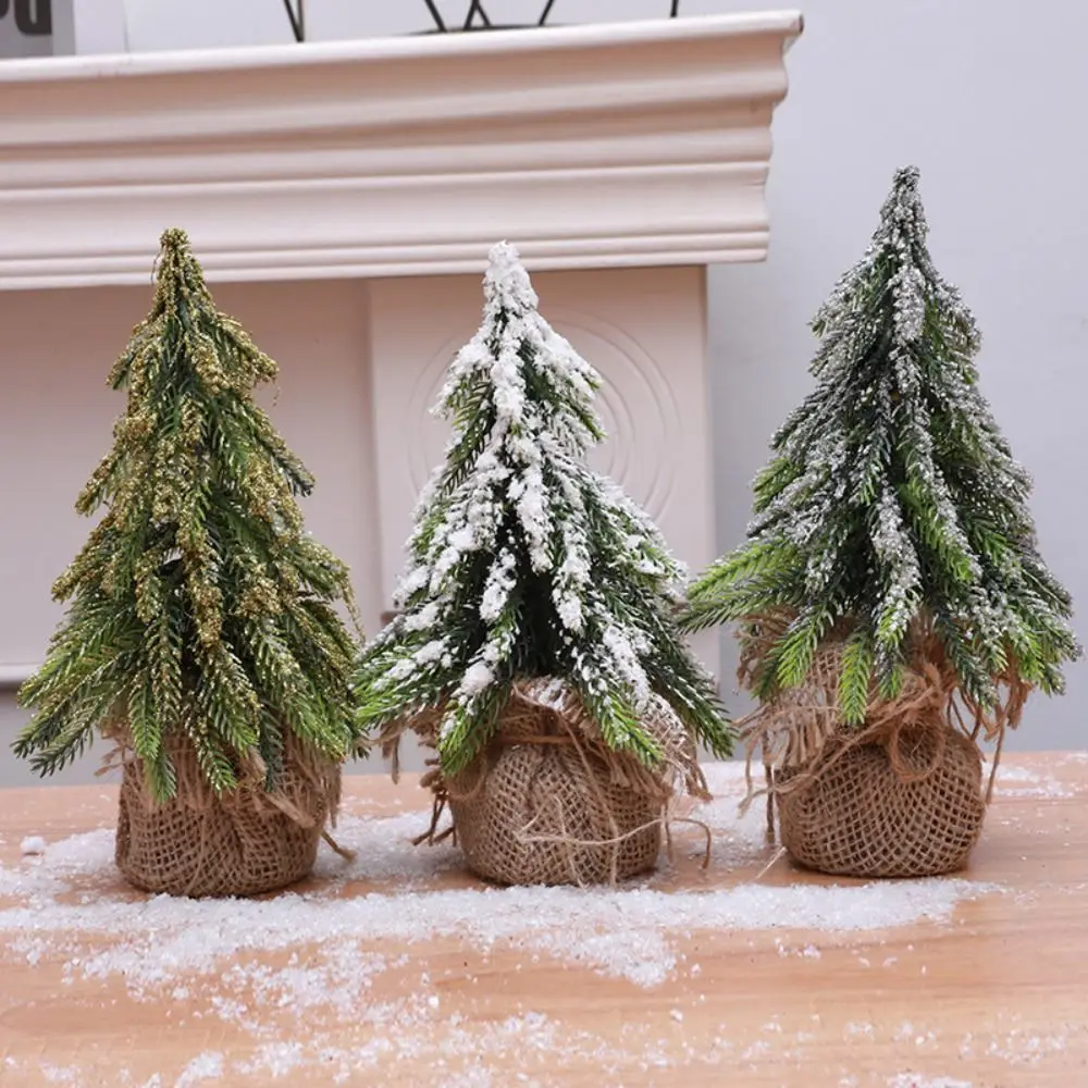 Mini arbre de Noël en toile de jute verte faite à la main, décoration de bureau, arbre de Noël l'inventaire enrichi par la neige, salon stable, 20cm