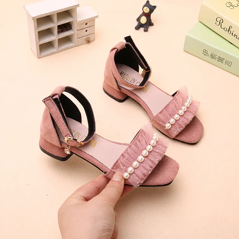 Girls Sandals Summer Shoes Cute Pearls Roman Shoes Pink Black Beading Open-toe Kids Fashion Girls Party Sandals Kids Shoes Chic