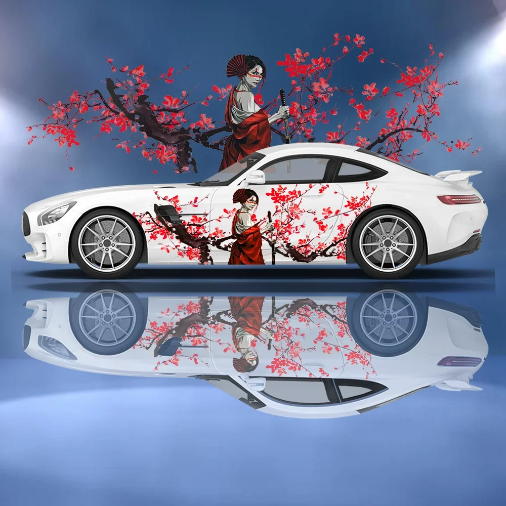 

Geisha Plum Blossom Sea Wave Print Decor Car Side Sticker Vinyl Wrap Self-adhesive Paper Motorsport Decal Suitable for Truck Suv