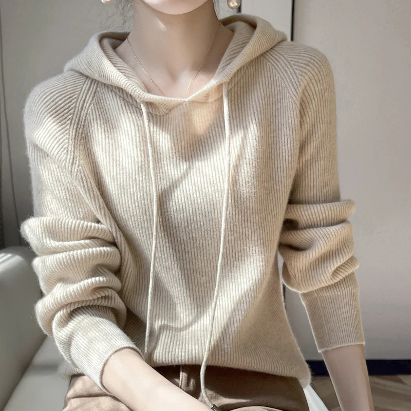 100%Pure Cashmere Sweater Ladies High-End Pullovers Knit Hoodie 2022 Spring New Hooded Collar Base Shirt Loose Top Women Jacket