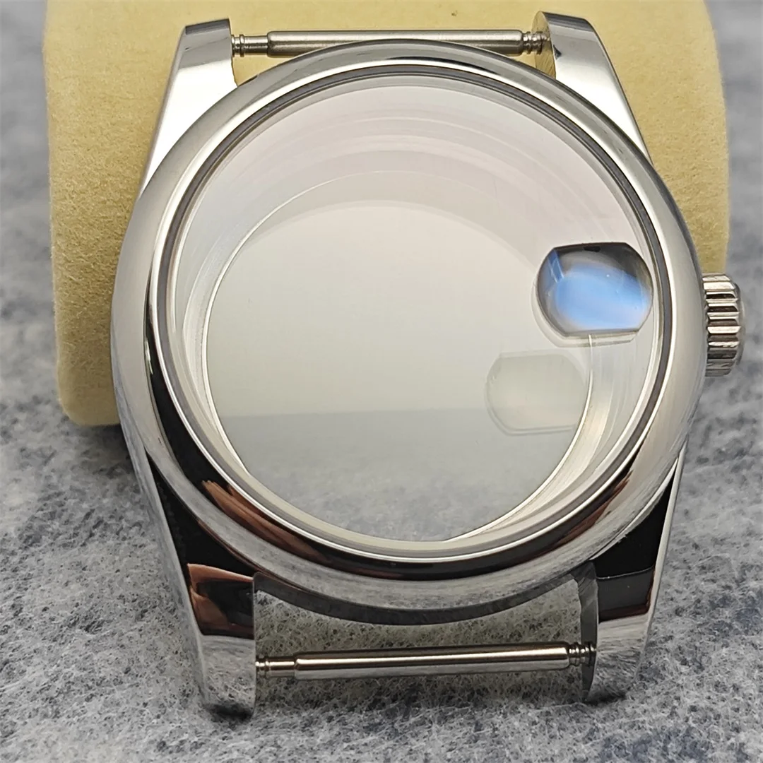 Cassa per orologio argentata rotonda smussata in acciaio inossidabile da 36 mm Accessori di ricambio per orologi in vetro zaffiro per movimento NH35/NH36/4R