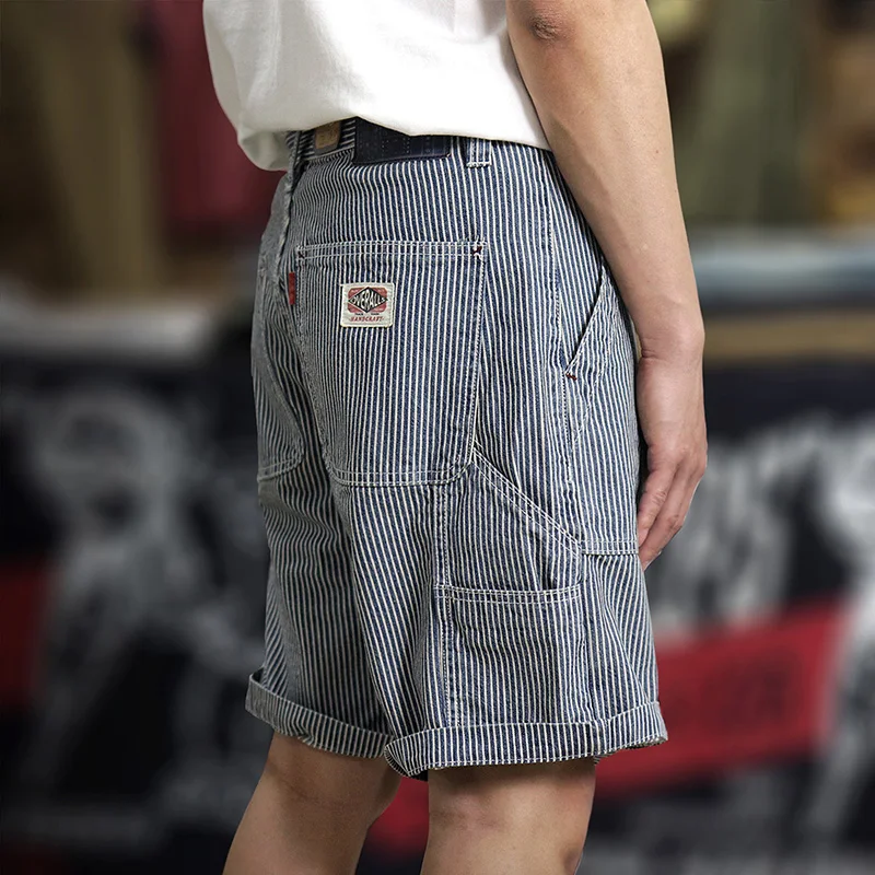 

Summer American Retro Denim Striped Tooling Shorts Men's Fashion 100% Cotton Washed Old Straight Loose Casual Five-point Pants