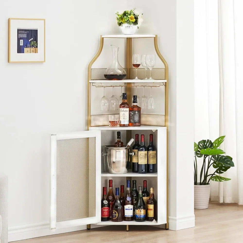 

61'' Tall Corner Wine Bar Cabinet with Adjustable Shelves, 5-Tier Industrial Bar Cabinet with Glass Holder, Home Bar with Mesh