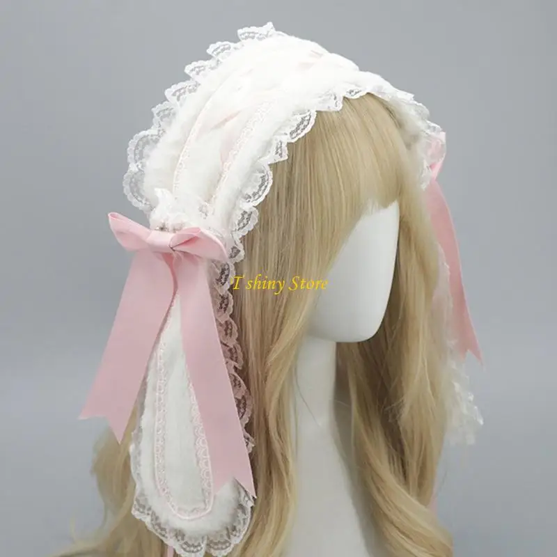 N58F Schöne Anime Maid Lop Ohrhaarband mit abnehmbarem Kaninchen Ohr und Spitzenverkleidung für Frauen Girl Maskeraden und