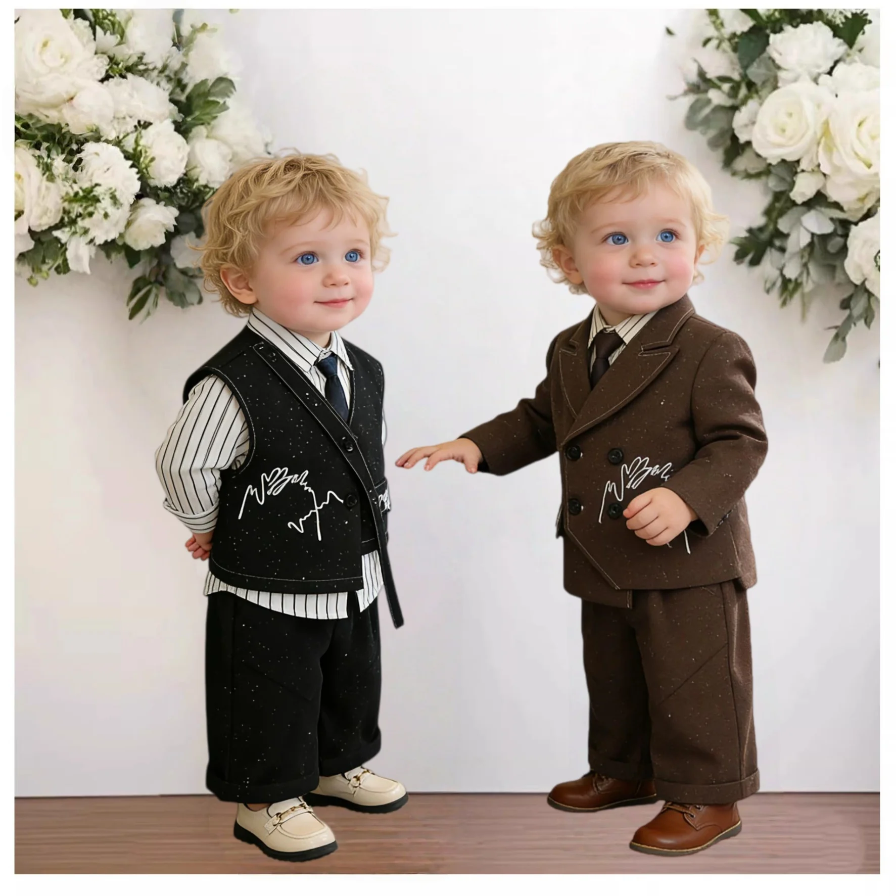 

80-150 Little Kids Spring Jacket Vest Pants Tie Wedding Dress Boys First Birthday Photography Suit Children Performance Costume