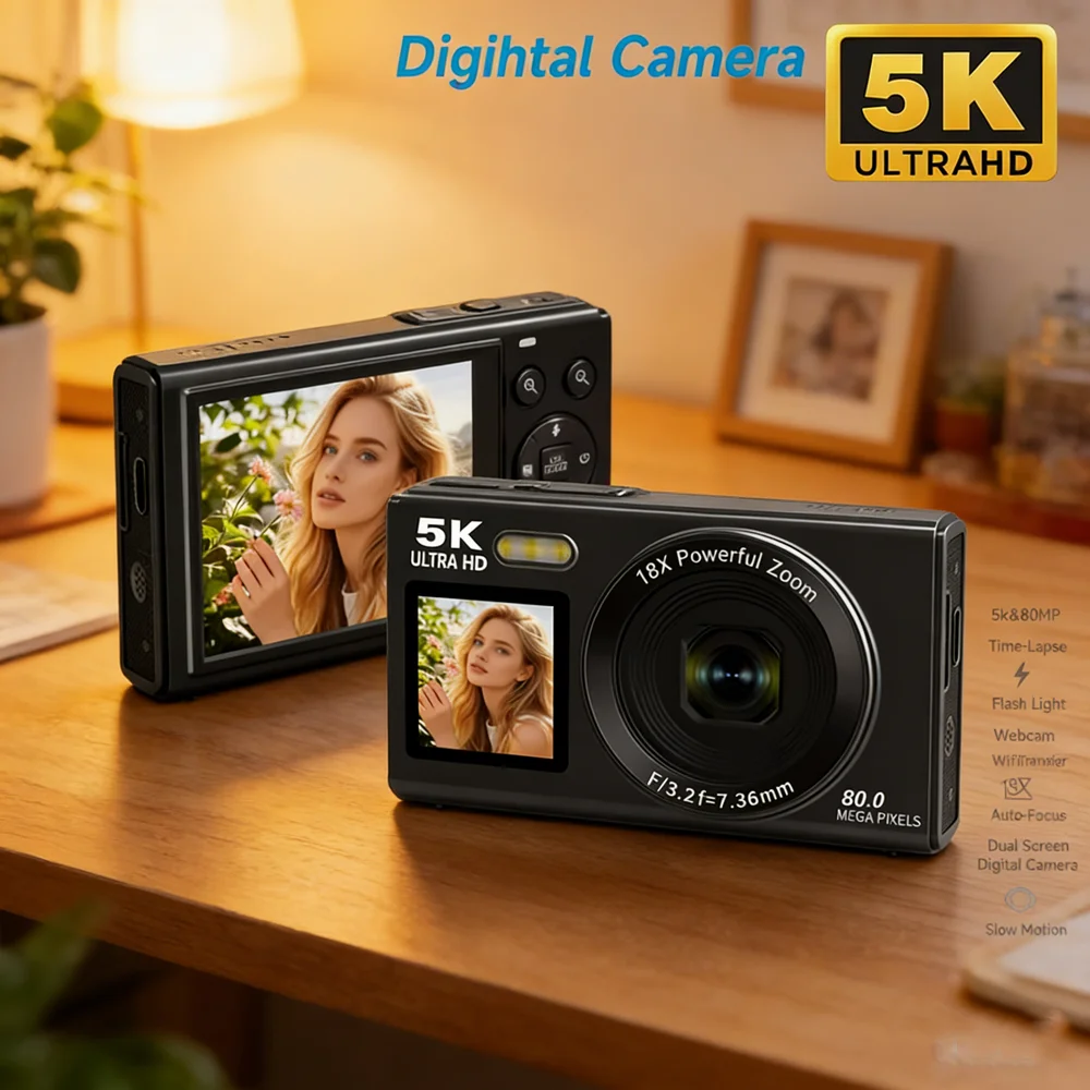 

Цифровая фотокамера 5K с двумя экранами для детей и взрослых, 80 МП, ретро-дизайн, CCD-матрица, автофокус, 18-кратный зум