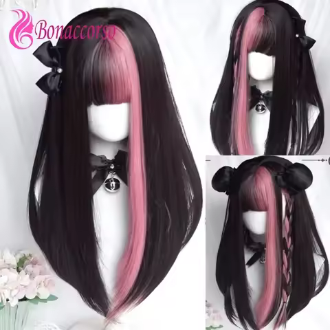 Lolita Cosplay Wig Highlights Hair Synthetic Long Straight Wig Cute Girl Anime Coser High Quality Heat Resistant Fiber Wig Party