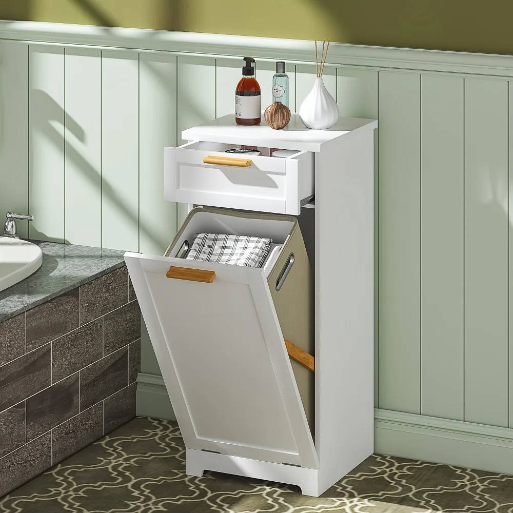 

White Floor Standing Bathroom Organizer Featuring a Tilt Out Laundry Hamper Cabinet with a Removable Laundry Basket,