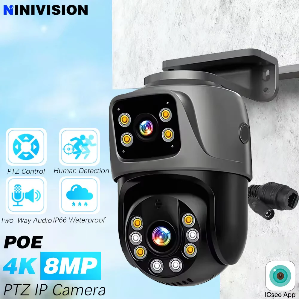 

4K 8MP HD POE PTZ-камера для улицы 4MP с двумя объективами и двойным экраном AI IP-камера для обнаружения человека CCTV Аудио-видео наблюдение P2P iCSee