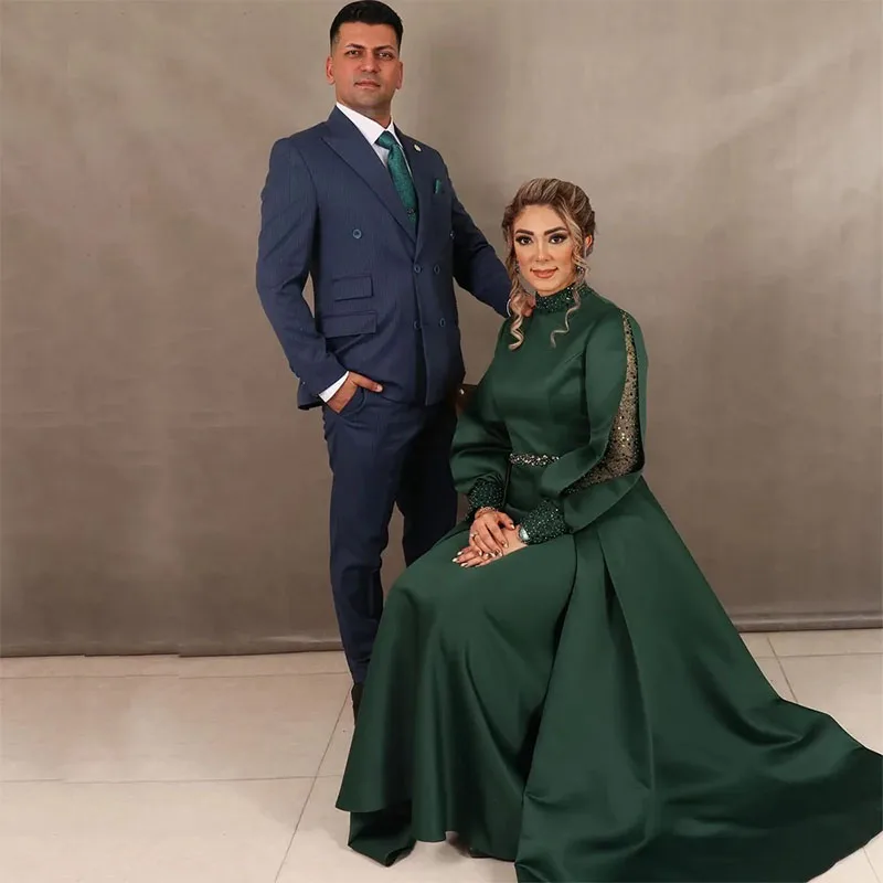 Elegante vestido De fiesta De línea A verde oscuro con cuentas, manga De lentejuelas, vestido De noche musulmán, caftán marroquí, túnicas De noche