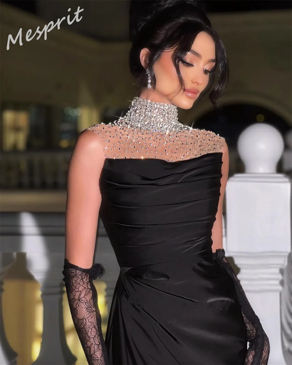 Maßgeschneiderte elegante hohe Kragen Trompete Sweep/Pinsel Abend Strass drapiert S Saudi-Arabien es