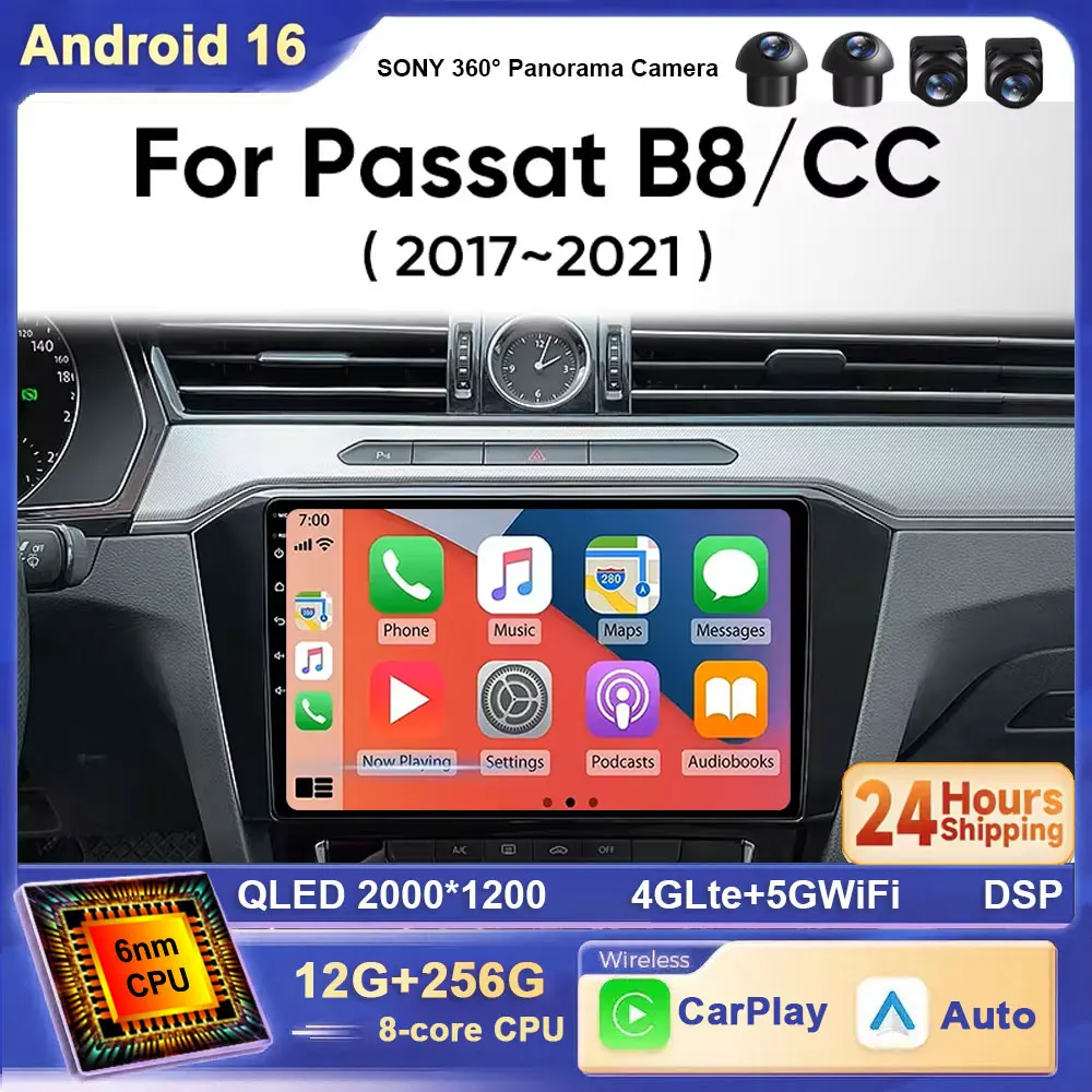 Für VW Passat B8 2015 2016 2017-2020 Android 16 Kabelloses CarPlay Android Auto Autoradio 4G Multimedia Stereo GPS RDS WiFi BT