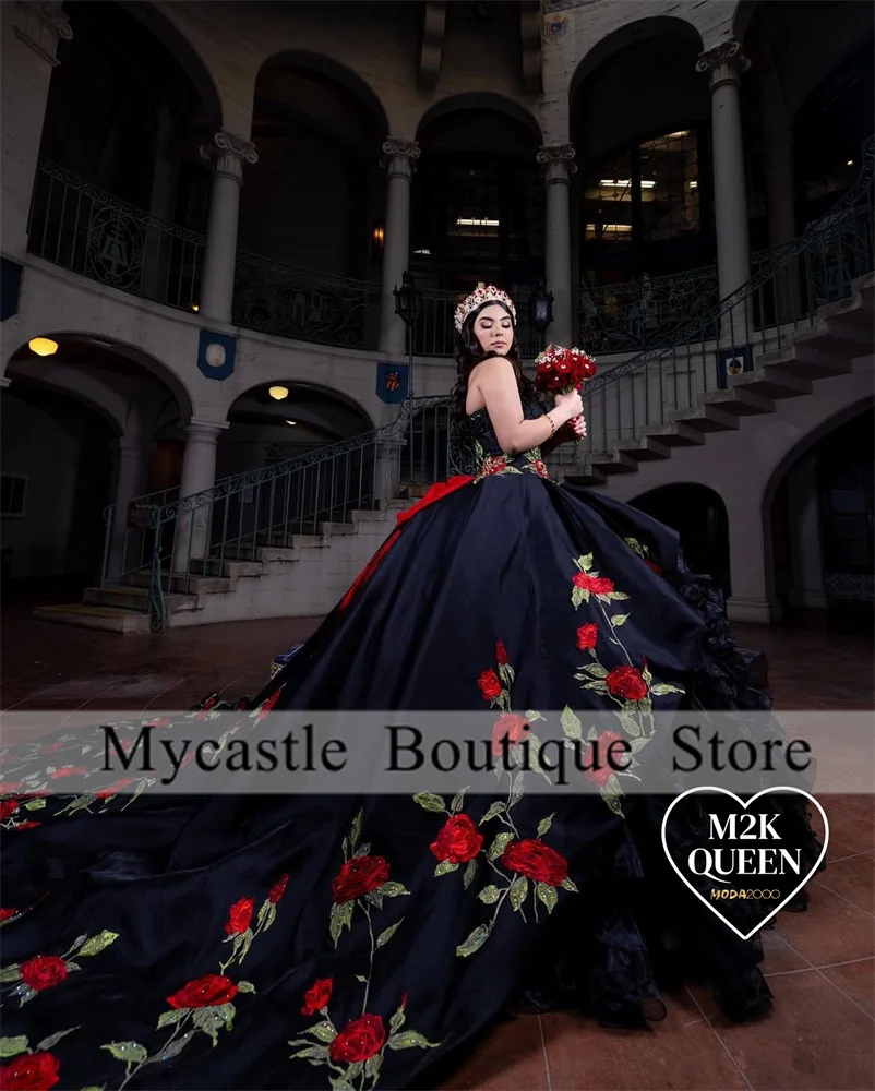 Mexican Embroidery Black Quinceanera Dresses Ball Gown 2024 Sweetheart Tiered Flowers Sweet 16 Dress Lace Up vestidos de 15 años