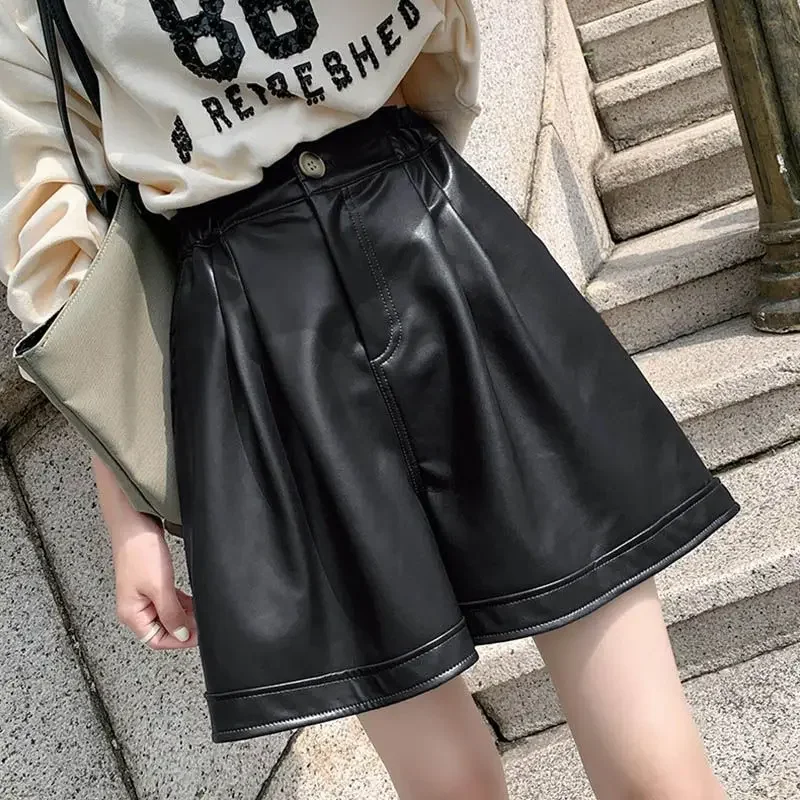 Herbst Modische Tasten Einfarbig Hohe Taille Breite Bein Hosen Frauen Kleidung Einfachheit Plissee Tasche Shorts Damen Hosen