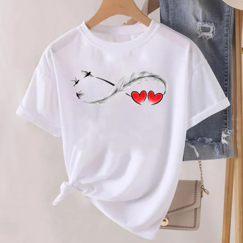 Trends Feather Heart for Women with Fashion Clothing Graphic Printed T-shirt Shirt Casual High Quality Cotton O-neck Kawaii Gift