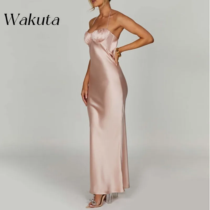 WAKUTA Fashion Halter Hanging Sleeveless Strapless Evening Gowns Solid Backless Cocktail Ball Evening Vestidos Estido De Fiesta