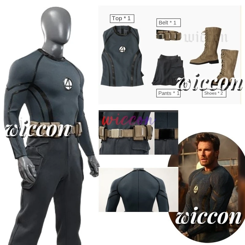 

Johnny Storm Cosplay Men Fantasia Grey Top Belt Pants Movie Dead & pool Human Torch Halloween Costume Outfits Male