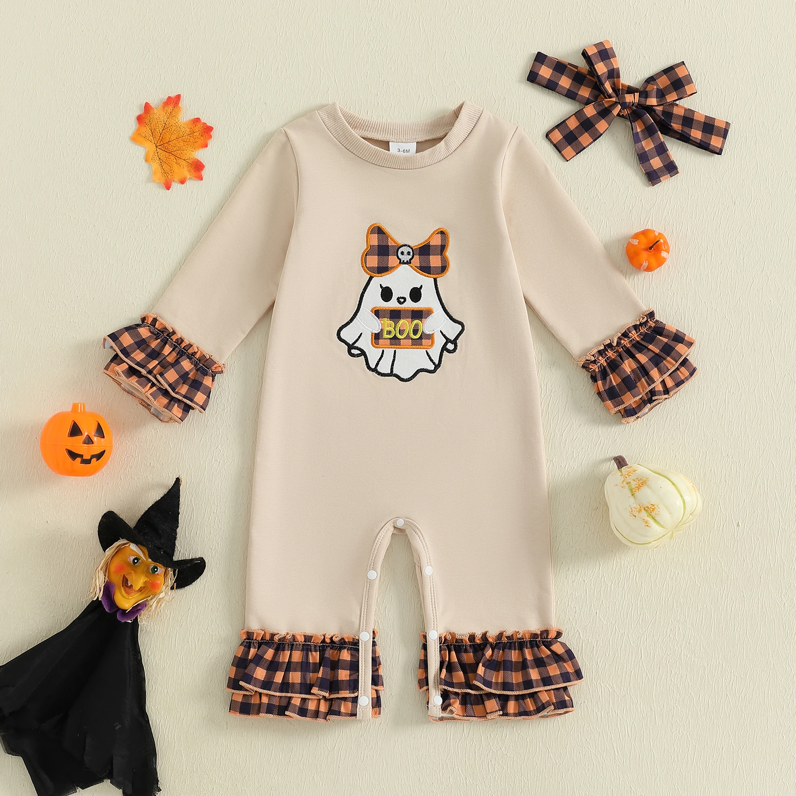 

0-18 Months Baby Girl Halloween Outfit Plaid Ghost Print Romper Long Sleeve Round Neck Jumpsuit with Bow Headband