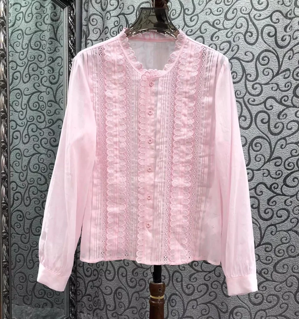 

Новая высококачественная хлопковая рубашка 2026 года, весенний стиль, женская, с кружевной вышивкой, пэчворк, длинный рукав, элегантная, белая, розовая, черная, блузка