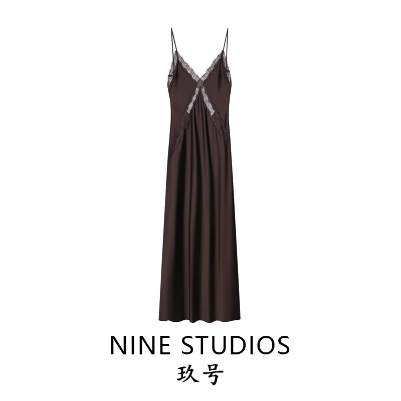 NINE ZAR Damen Langes Midi Dr Spitzendetail Patchwork Seidensatin Gefühl Trägerkleid Lässiger A-Linienrock Sle Herbstsaison