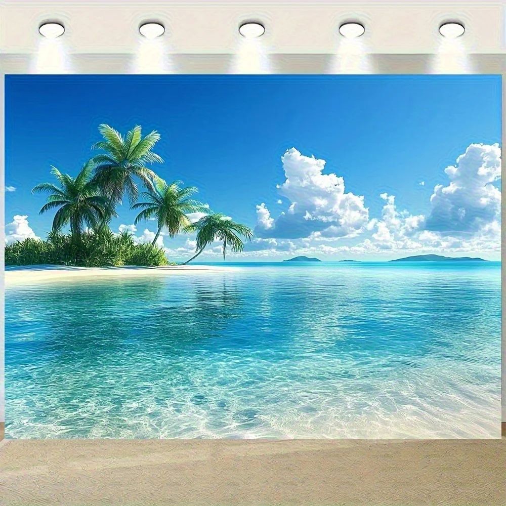 Gran Tapiz de Pared con Temática Playa - Diseño Océano Turqueso y Palmeras en Aguasa Cristalinas, Tejido Resistente 180-200gsm F