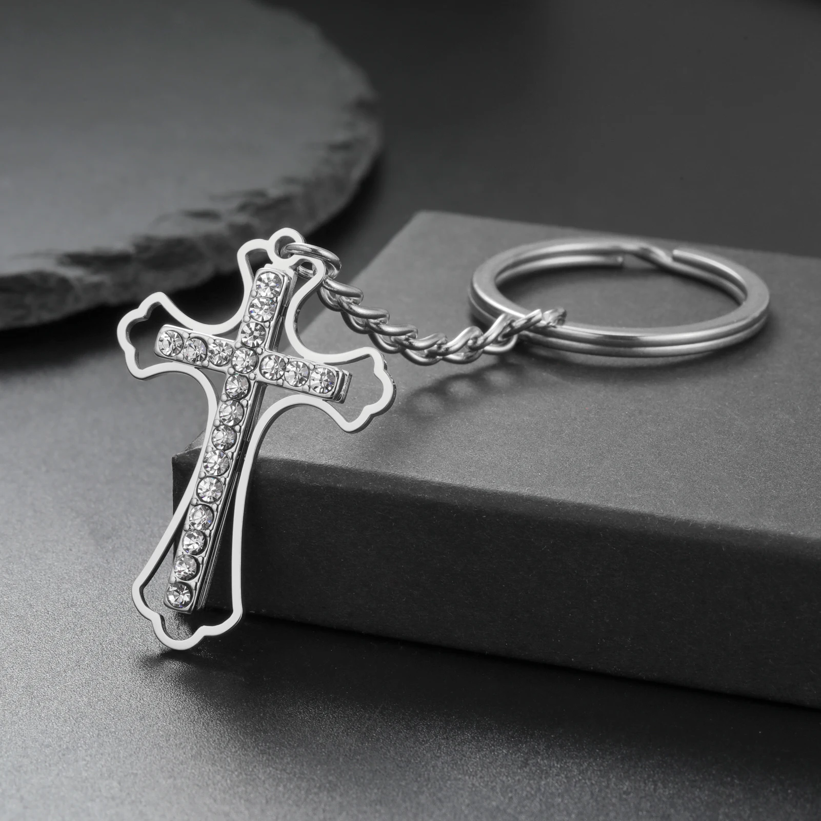 Cross Keychain Supernatural Amulet Gift For Women Men Father Dad Christ Zircon Crystal Stainless Steel Key Chain Ring Jewelry