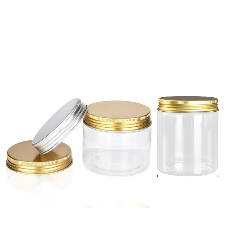 

24pcs Clear Plastic Jars Gold Aluminum Lid 100ml 120ml 150ml 150g 200ml 250ml Transparent Empty Cosmetic Pots Cream Containers