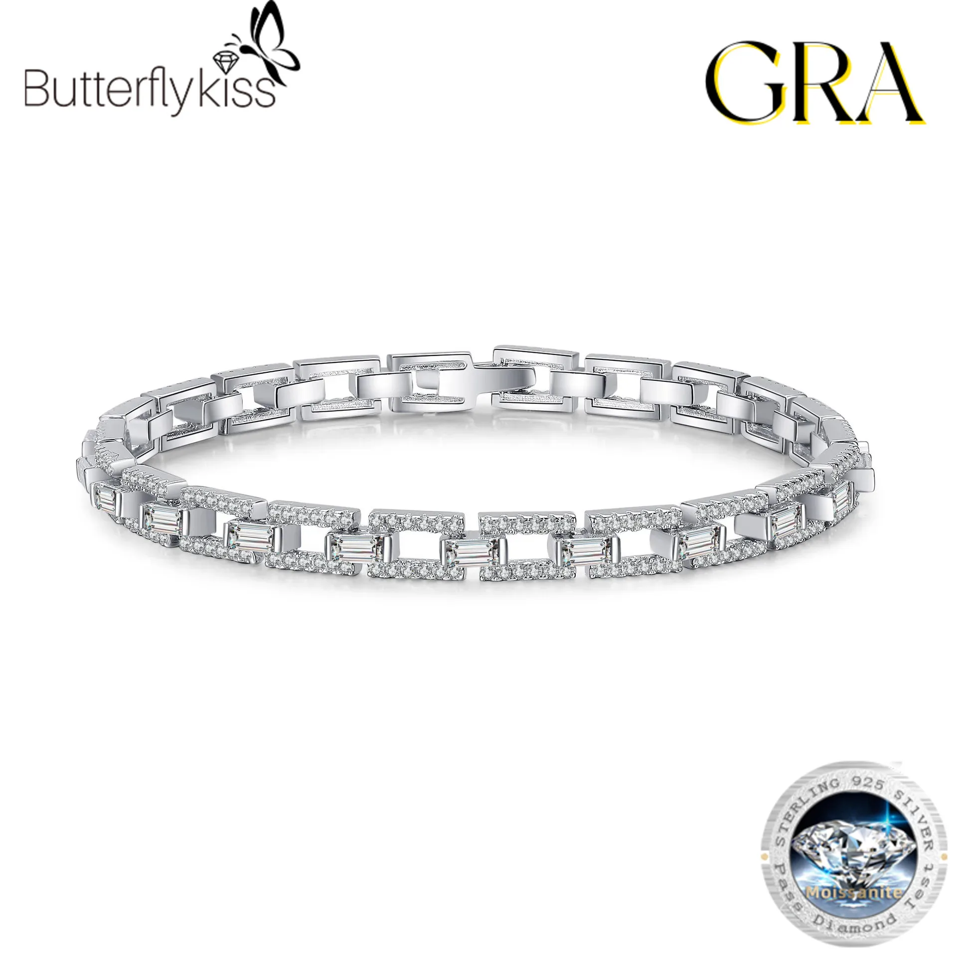 

Butterflykiss 3-3.5CT All Moissanite Tennis Bracelet For Women Luxury Sparkling Bangles S925 Sterling Silver Jewellery 6-7inch