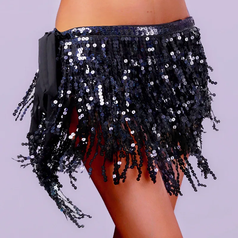 New Halloween Christmas Belly Dance Skirts Women 2023 Sequin Hip Scarf Above Knee Mini Short Skirt Y2k Performance Clothes Black