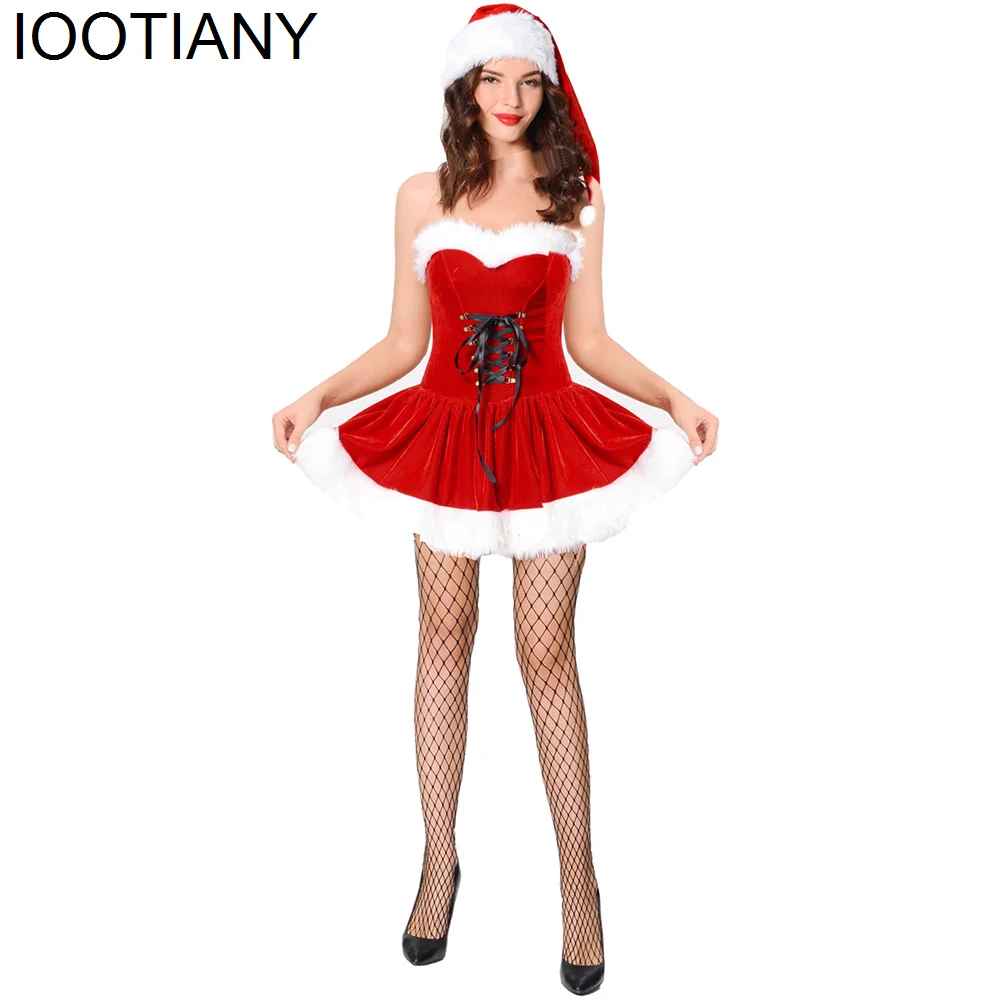 Iootiany Sexy Women's Strap-on New Year Costume Temptation Red Velvet Tube Dress Halloween Cosplay Bar Bunny Party Uniform Set