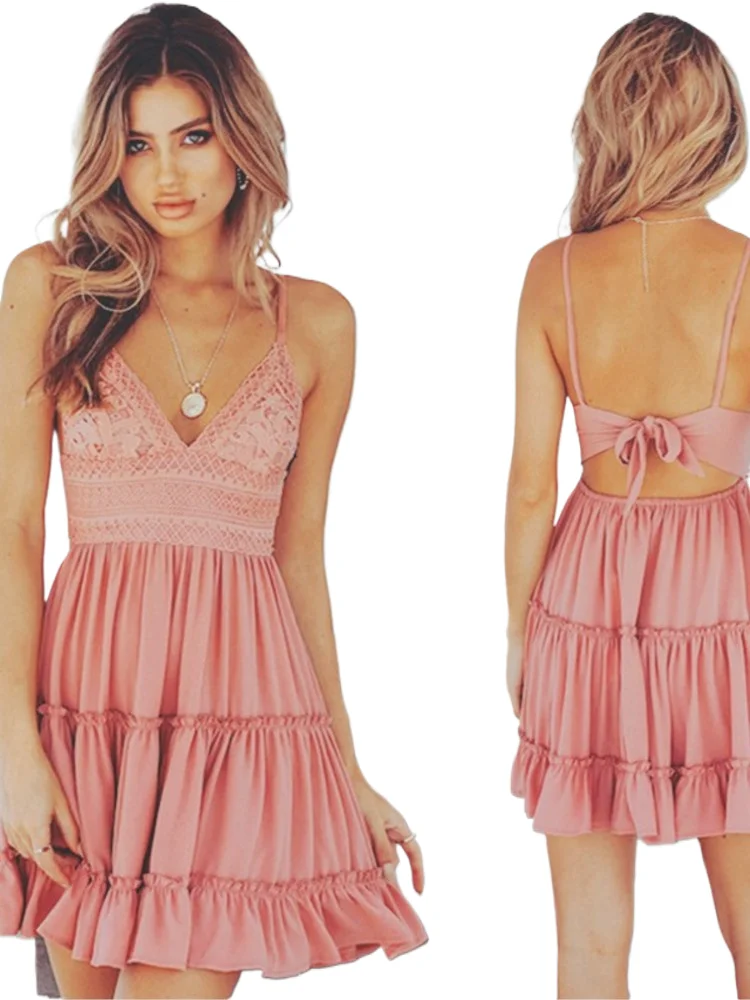 

Lady Sexy Lace Dress Fashion Spaghetti Strap V Neck Sleeveless Mini Dresses For Women Beach Party Skirts Womens Clothing Summer