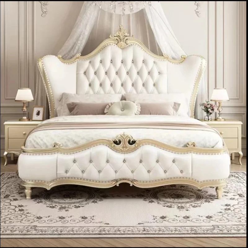 

King Size Headboard Double Bed Wooden Nordic Luxury Queen Double Bed European Princess Modern Cama De Casal Bedroom Furniture