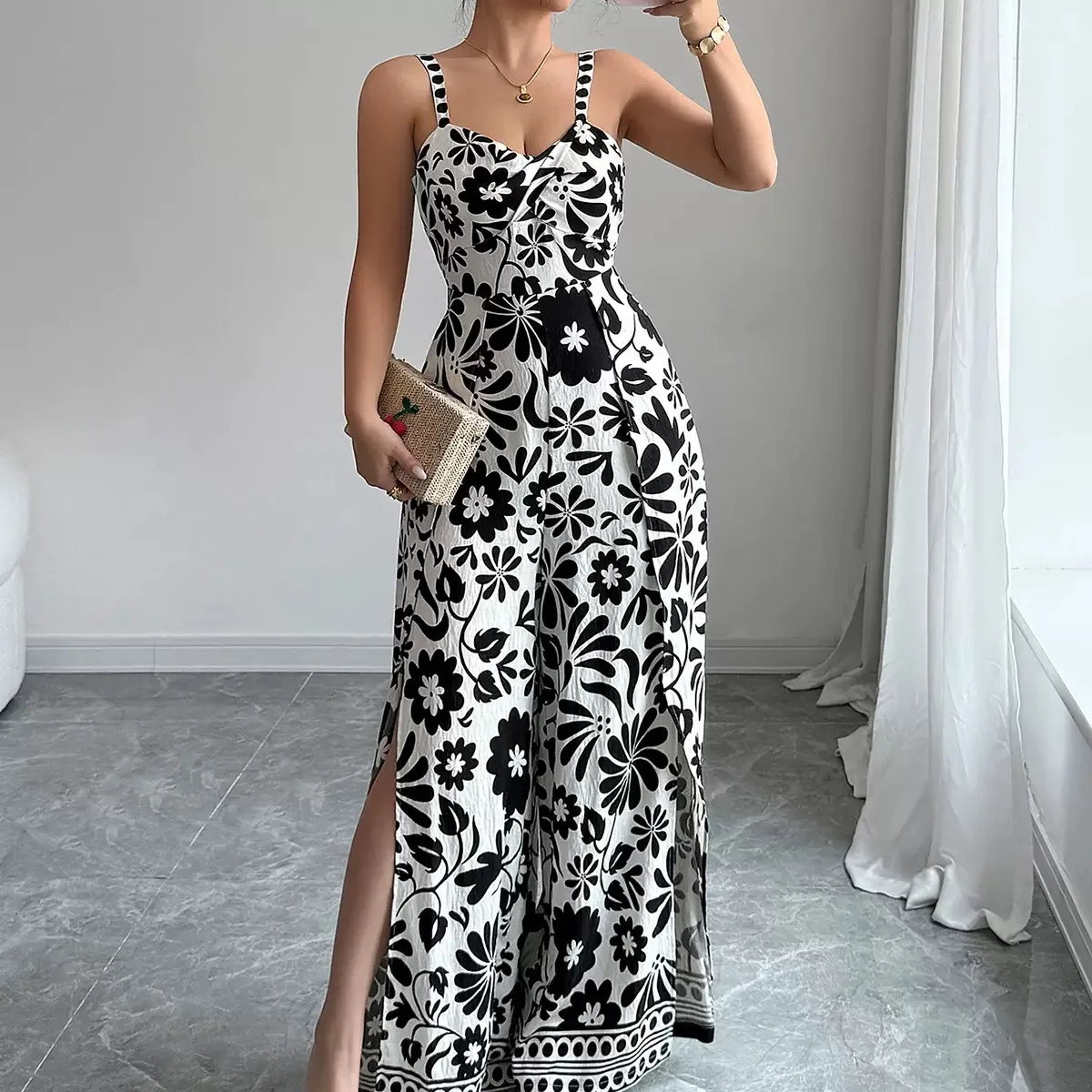 

Elegant Women's One-Piece Jumpsuit Spring Summer 2025 Printed Knot Backless Wide Leg Long Pants High Waist Linen Fabric