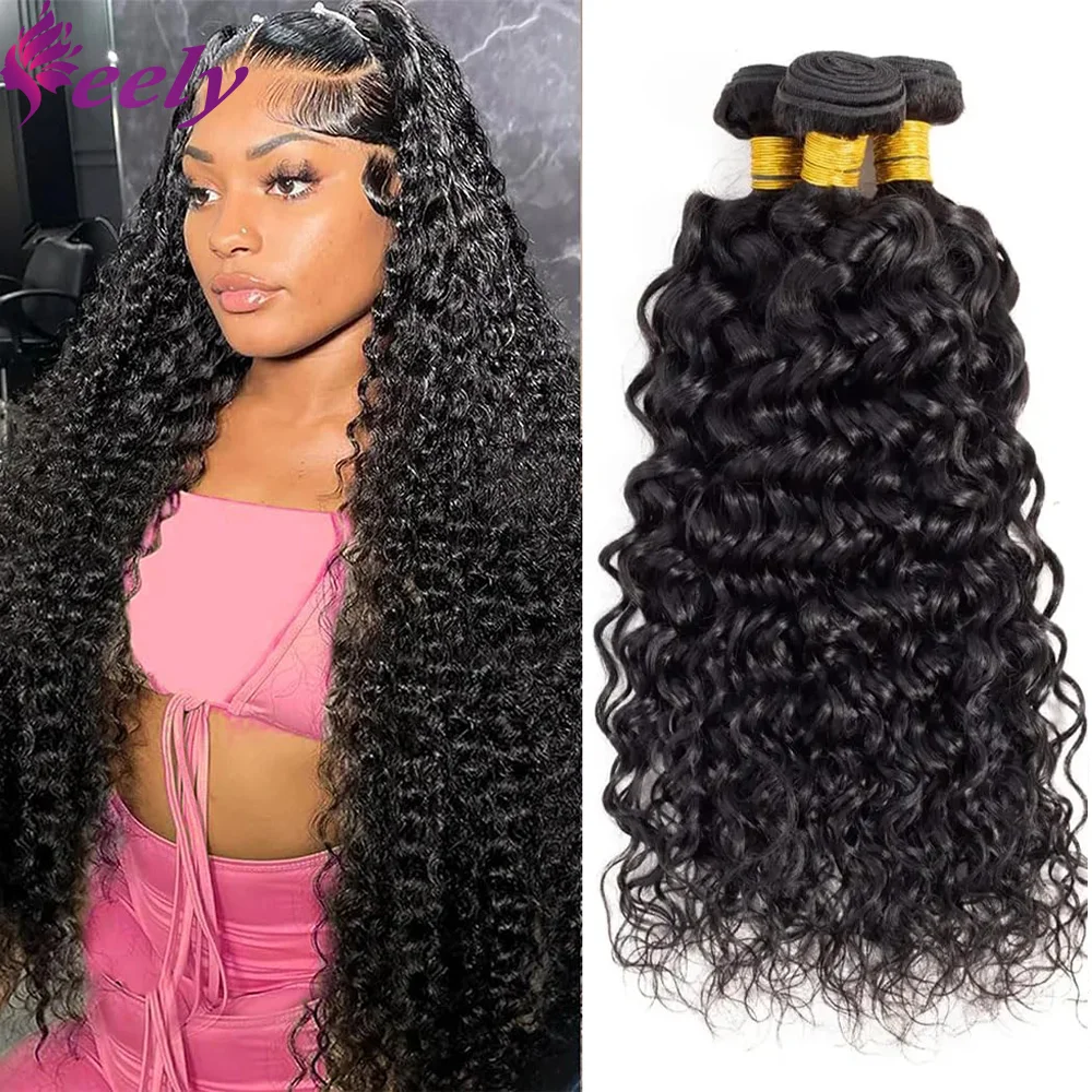 Diepe Golf Menselijk Haar Bundels Natuurlijke Zwarte Kleur # 1b Braziliaanse Krullende Bundels Human Hair Extensions 30 Inch Voor Vrouw 1/3 Bundels