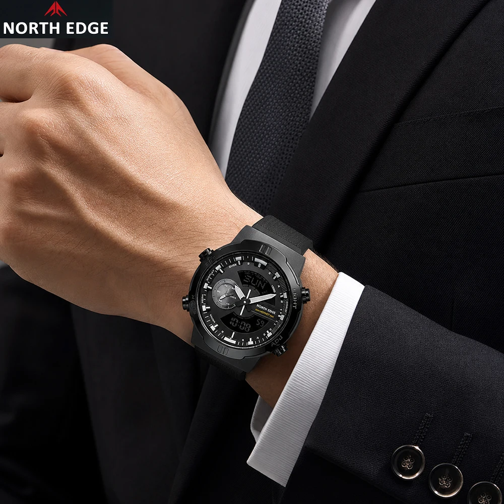 NORTH EDGE HORNET Men Quartz Watch Dual Analog‑Digital Display 50M Waterproof Speed Measurement World Time Sport Silicone Strap