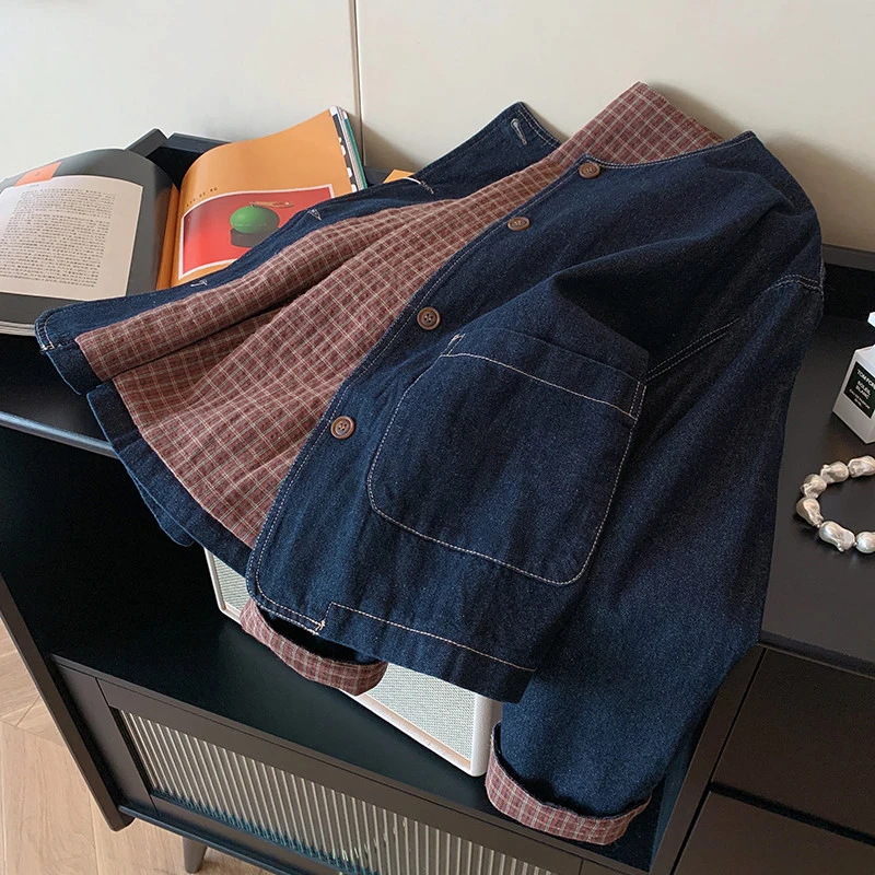 

Vintage Denim Jacket Women Harajuku Plaid Patchwork Jeans Coats Spring Autumn Korean Long Sleeve Pockets Casual Outerwears New