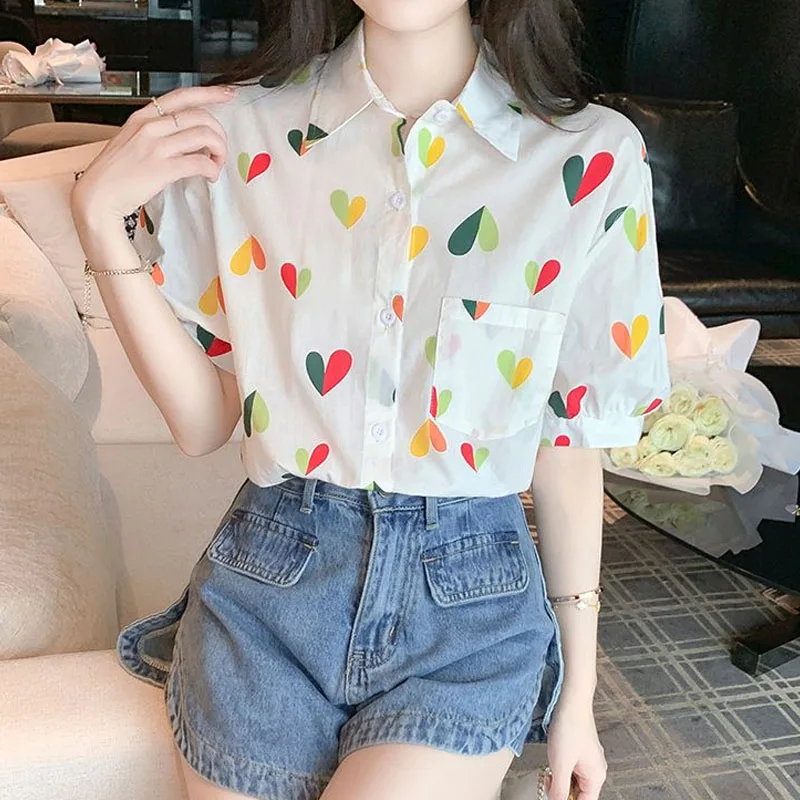 Korean Fashion Printed Turn-down Collar Shirt For Female Summer All-match Short Sleeve Casual Button Blouse Women\'s Clothing