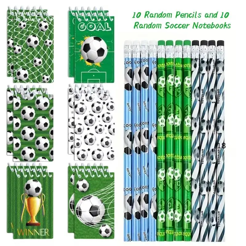Lot de 20 crayons et carnets de football pour enfants, thème sportif, cadeaux de fête d'anniversaire, remplissage de piñata, récompense scolaire, cadeau de Noël
