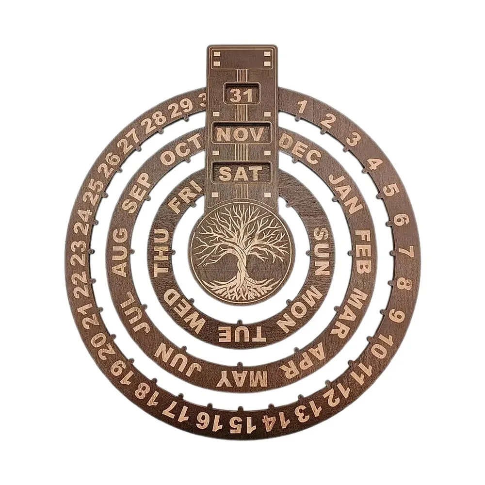 12.01X10.83in Wooden Perpetual Calendar Moon Phase Display Circular Disc Wall Hanging Calendar Round Dial