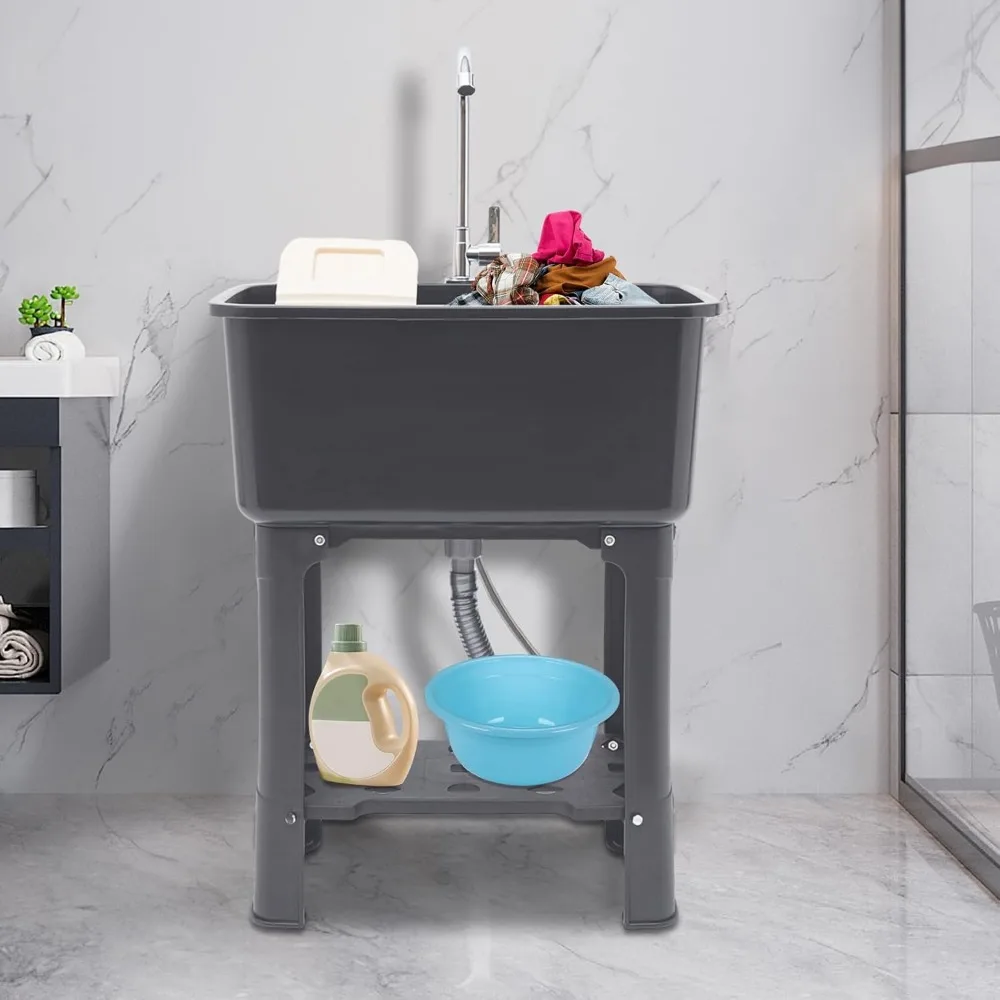 회색 독립형 다용도 세탁통 (수도꼭지, 세탁판, 수납 선반 포함, 실외용)
