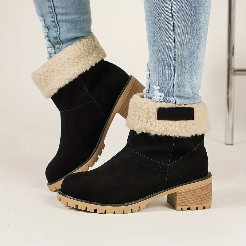 Frauen Schnee Stiefel Winter Wildleder Mid Heels Schuhe Trend Chunky Non-Slip Mittlere Waden Chelsea Plüsch Warme Stiefeletten frauen Botas De Mujer