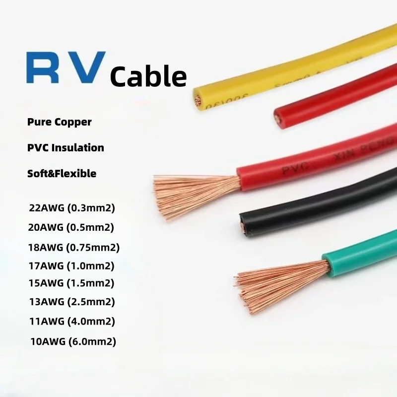 Jednoprzewodowy, elastyczny przewód z izolacją PVC RV0.3/0.5/0.75/1.0/1.5/2.5/4MM, przewód elektroniczny 22 20 13 11 9 5 3AWG, przedłużacz sygnałowy