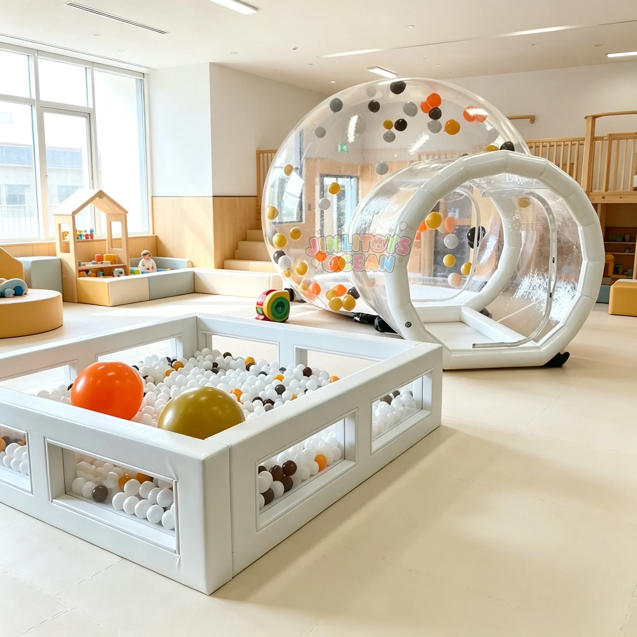All-in-one soft play equipment for children's parties, featuring a castle-themed structure, ball pit, and slide.