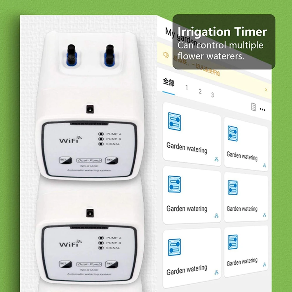 WiFi Thủy Lợi Lập Trình Viên Đôi Bơm Vườn Hệ Thống Tưới Cây Tự Động Tưới Nhỏ Giọt Van Nước Thời Gian Bộ Điều Khiển Nhà Thông Minh