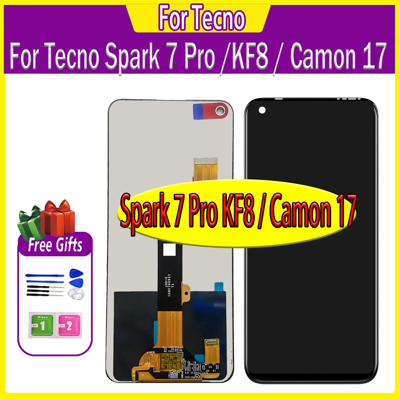 

ЖК-дисплей 6,5 дюйма для Tecno Spark 7 Pro / KF8 / Camon 17, ЖК-дисплей, сенсорный экран, без битых пикселей, дигитайзер в сборе, запасные части