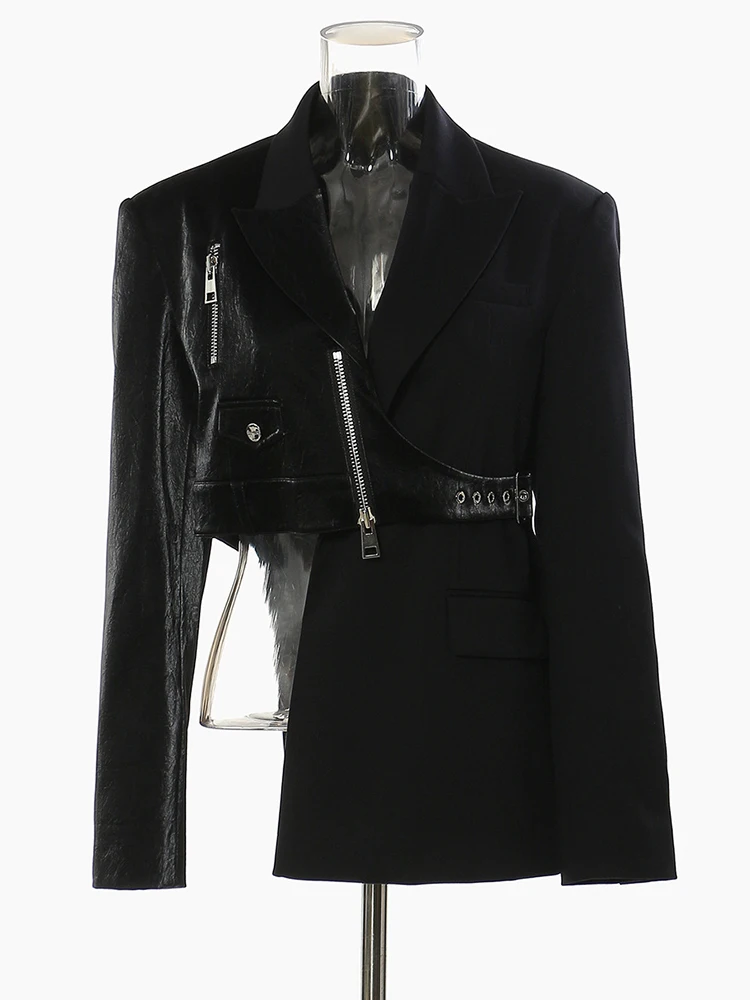Women Black Irregular Pu Leather Blazer New Lapel Long Sleeve Loose Fit Jacket Fashion Tide Spring Autumn